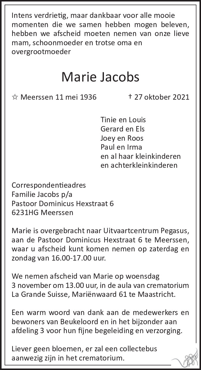 Marie Jacobs 27 10 2021 Overlijdensbericht En Condoleances Mensenlinqnl 