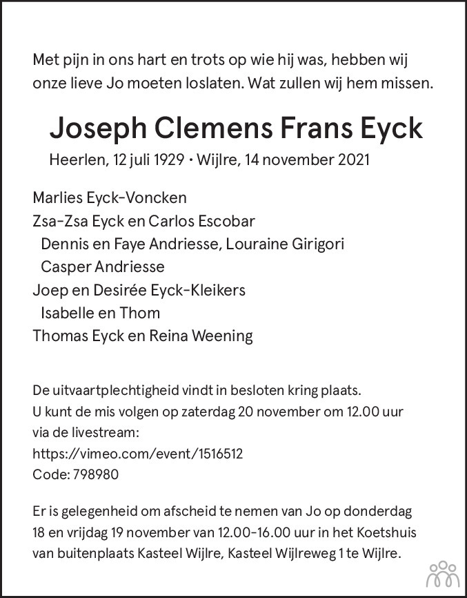 Overlijdensbericht van Joseph Clemens Frans Eyck in De Limburger