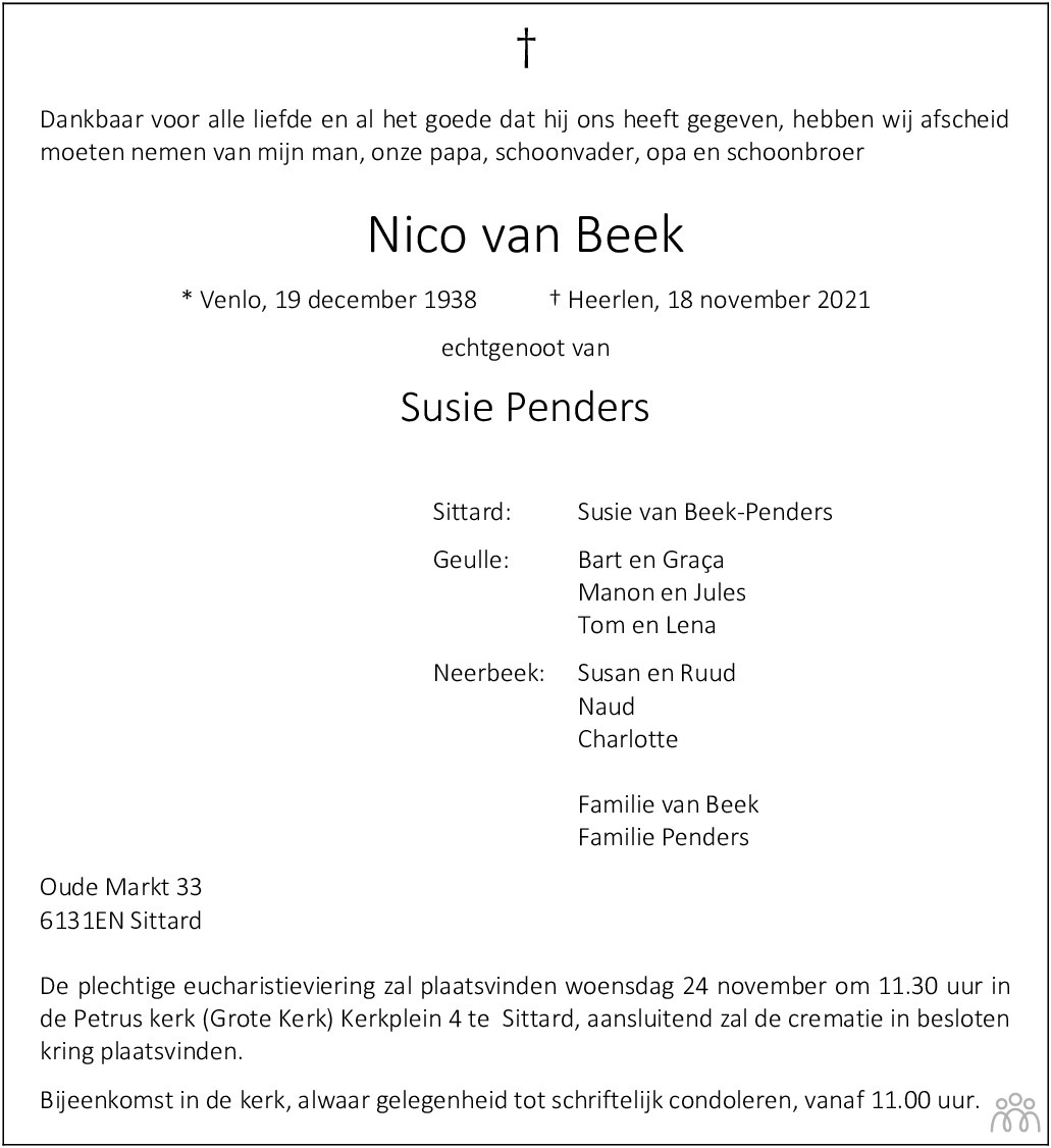 Overlijdensbericht van Nico van Beek in De Limburger