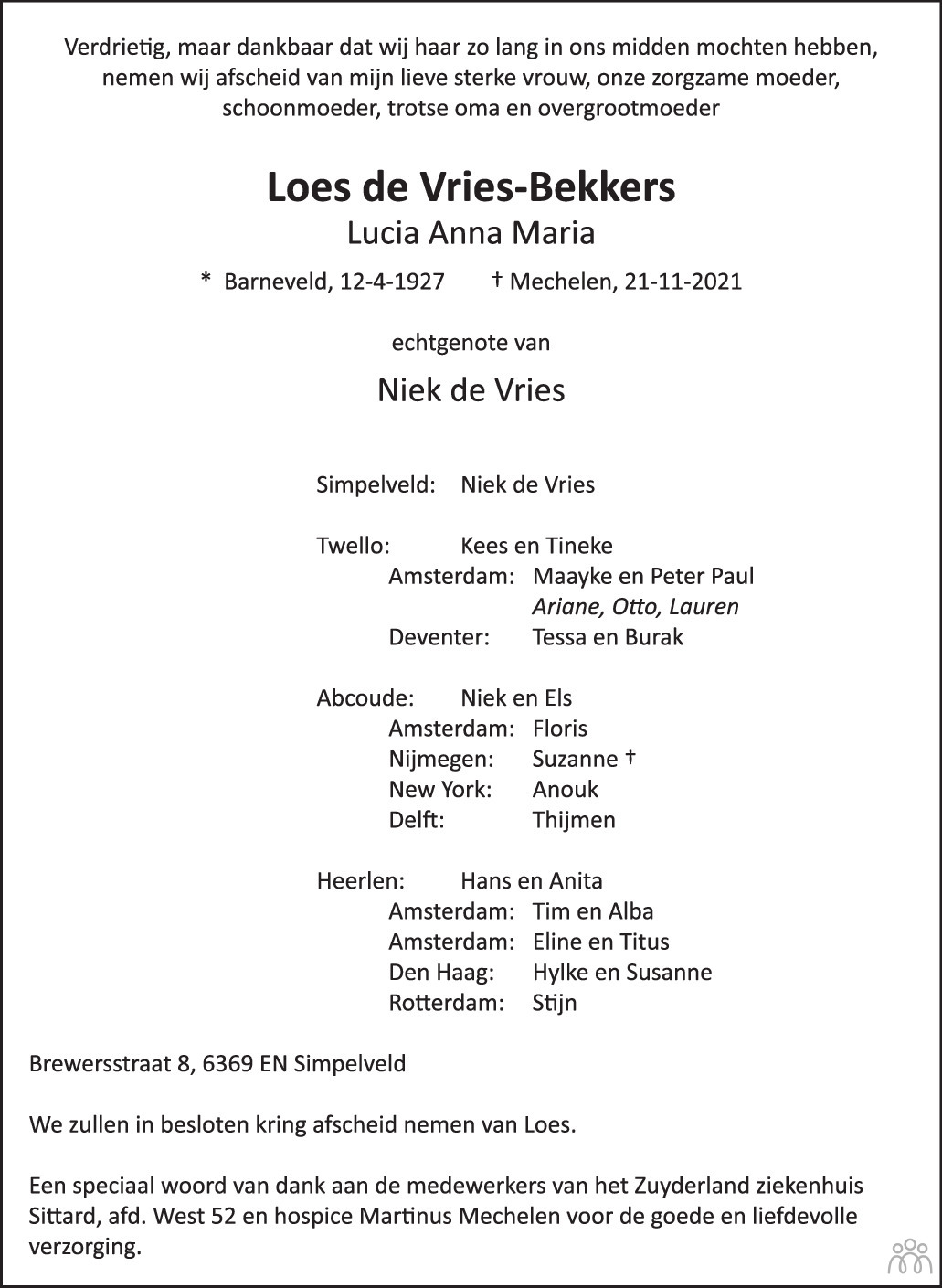 Overlijdensbericht van Loes (Lucia Anna Maria) de Vries-Bekkers in De Limburger