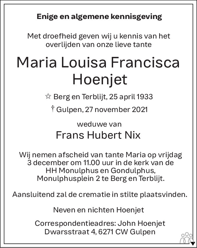 Overlijdensbericht van Maria Louisa Francisca (Maria) Nix-Hoenjet in De Limburger