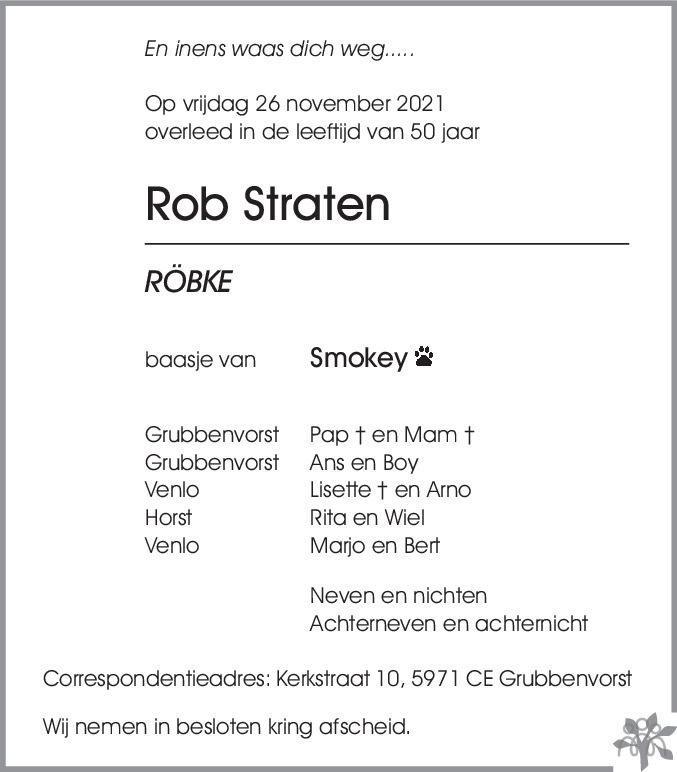 Rob Straten 26 11 2021 Overlijdensbericht En Condoleances Mensenlinq Nl