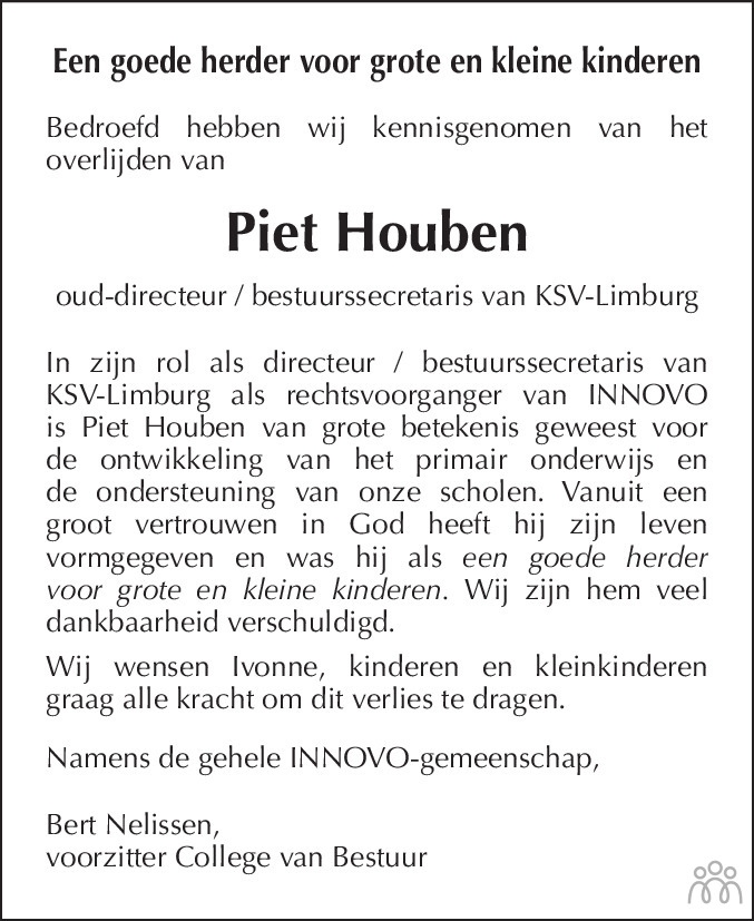 Overlijdensbericht van Piet Houben in De Limburger
