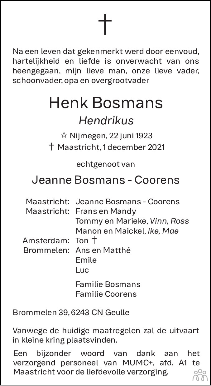 Henk Hendrikus Bosmans 01 12 2021 Overlijdensbericht En Condoleances