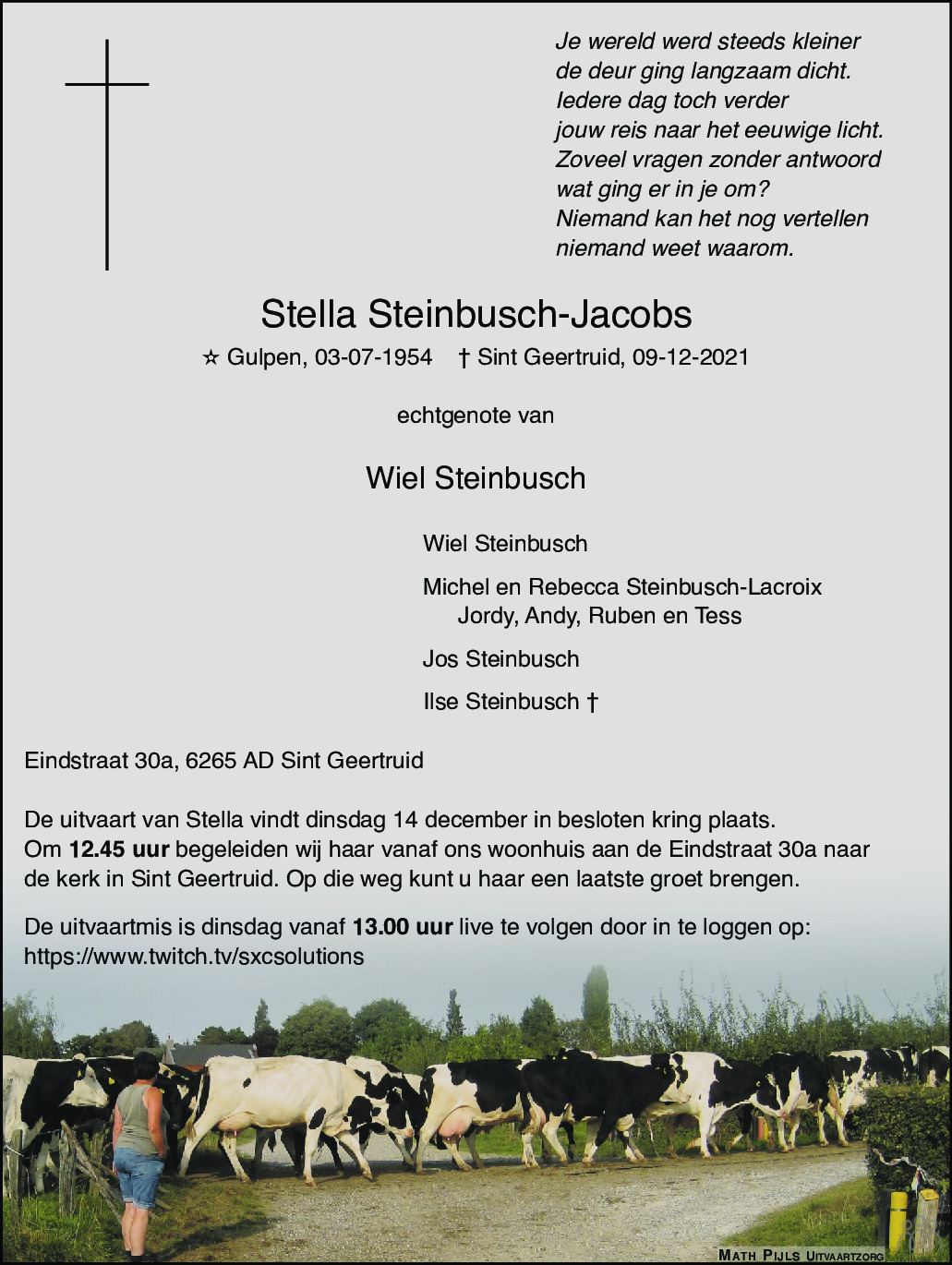 Overlijdensbericht van Stella Steinbusch-Jacobs in De Limburger