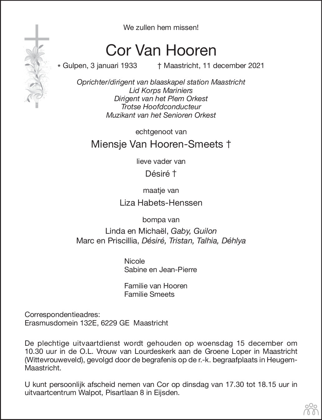 Overlijdensbericht van Cor van Hooren in De Limburger