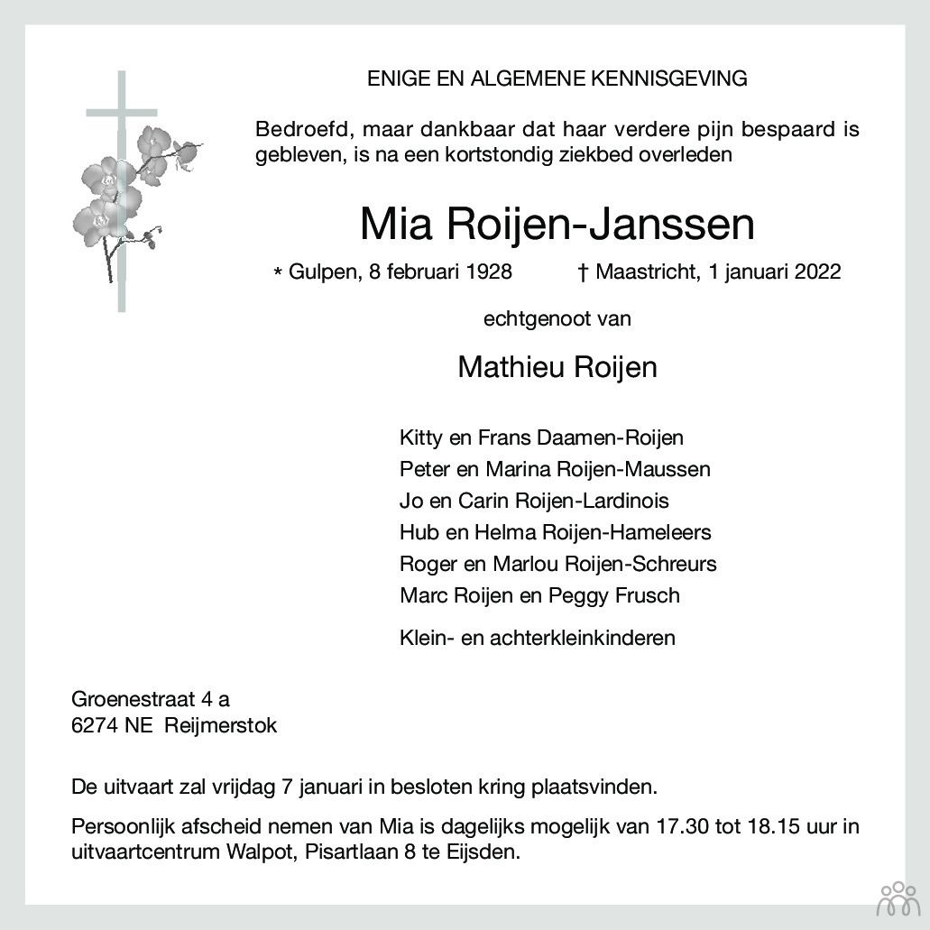 Overlijdensbericht van Mia Roijen-Janssen in De Limburger