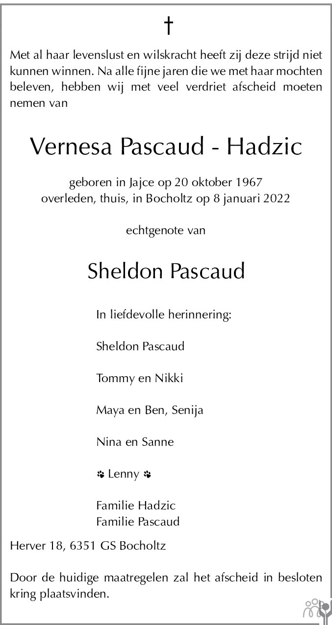 Overlijdensbericht van Vernesa Pascaud-Hadzic in De Limburger