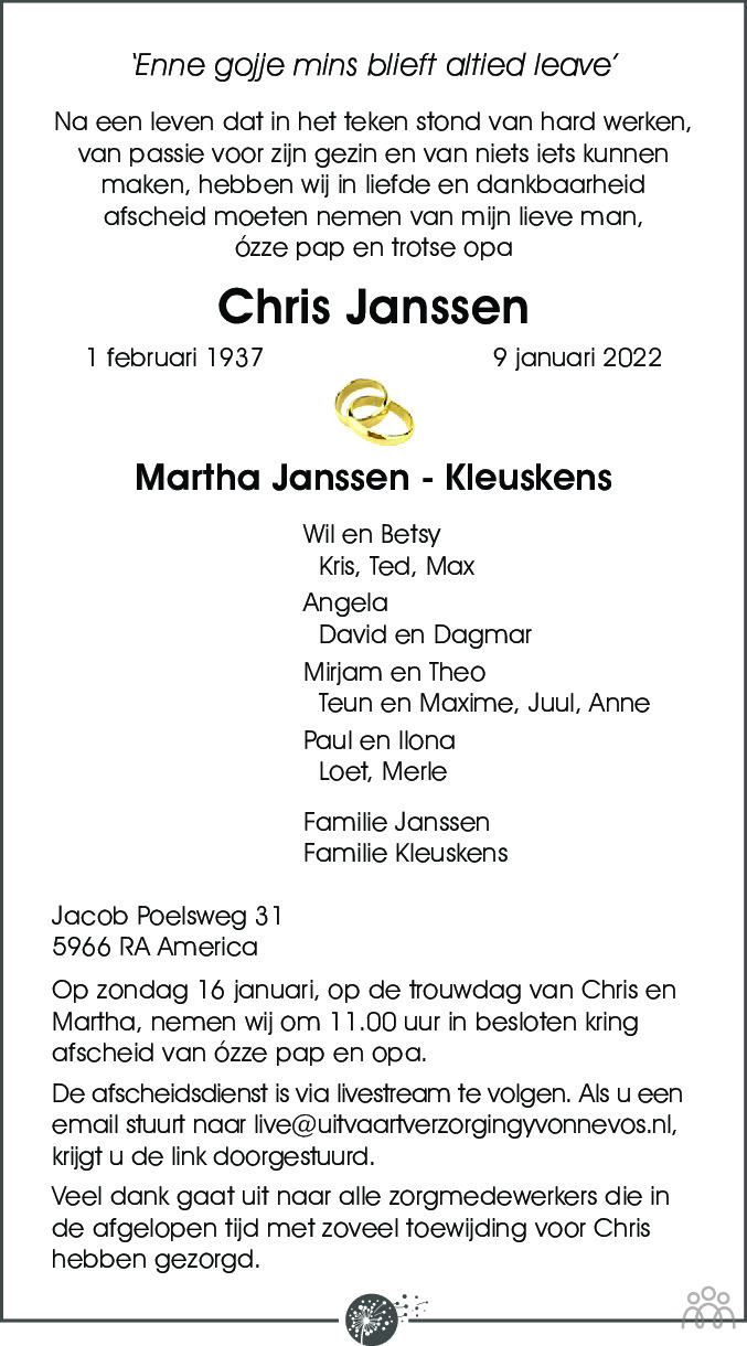 Overlijdensbericht van Chris Janssen in De Limburger