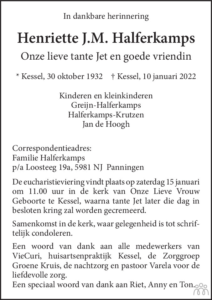 Overlijdensbericht van Henriette J.M. Halferkamp in De Limburger