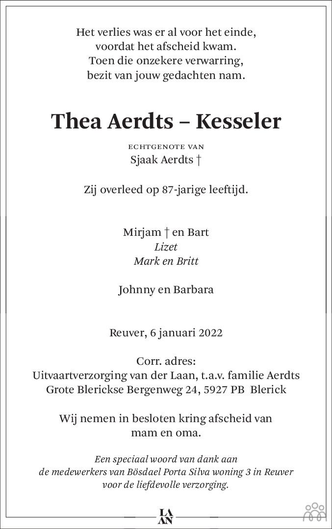 Overlijdensbericht van Thea Aerdts-Kesseler in De Limburger