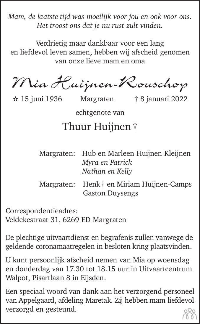 Overlijdensbericht van Mia Huijnen-Rouschop in De Limburger