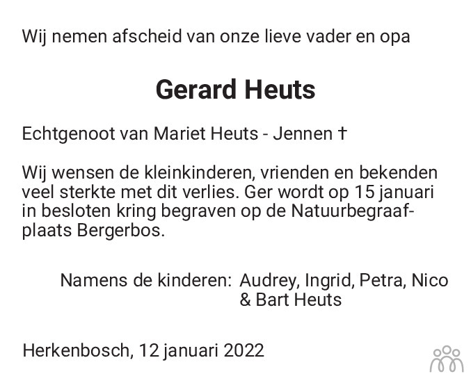 Overlijdensbericht van Gerard Heuts in De Limburger