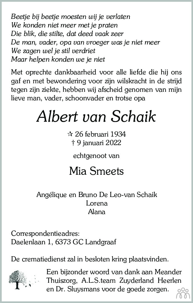 Overlijdensbericht van Albert van Schaik in De Limburger