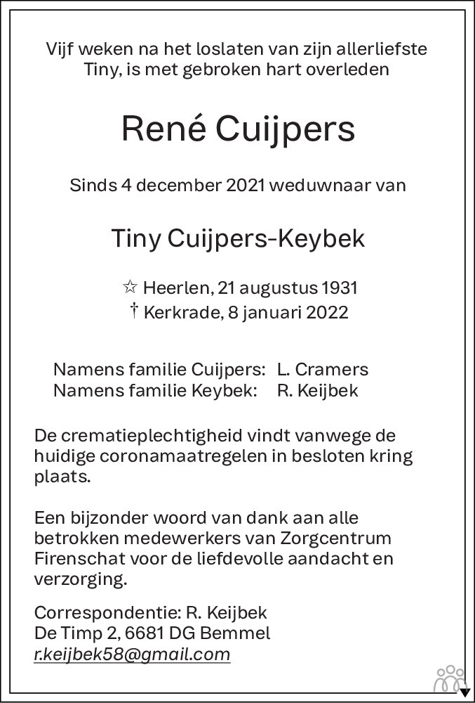 Overlijdensbericht van René Cuijpers in De Limburger