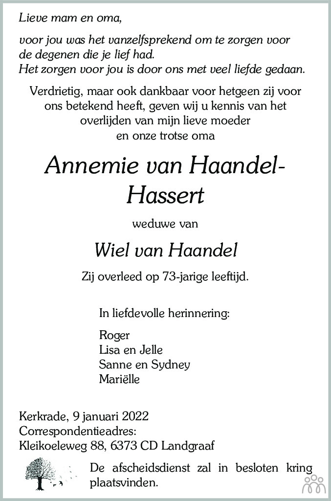 Overlijdensbericht van Annemie van Haandel-Hassert in De Limburger