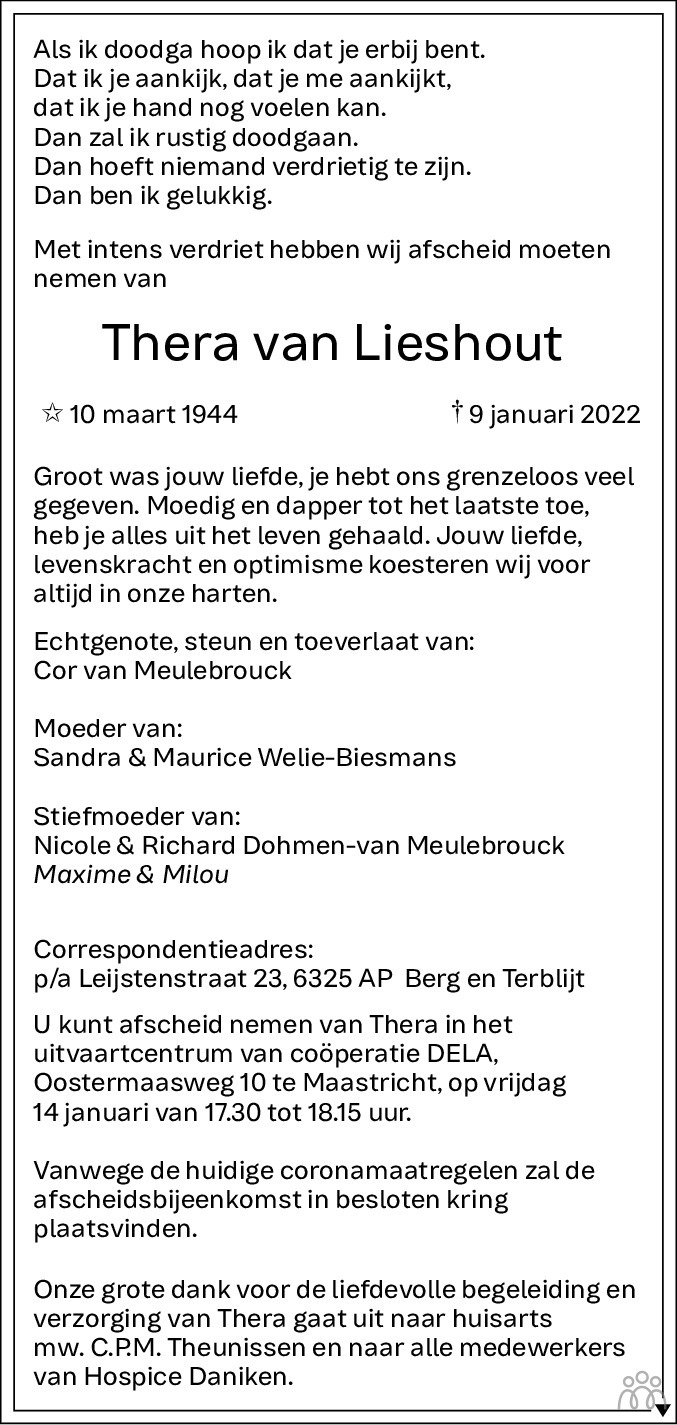 Overlijdensbericht van Thera van Meulebrouck-van Lieshout in De Limburger