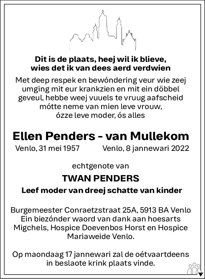 Overlijdensbericht van Ellen Penders-van Mullekom in De Limburger