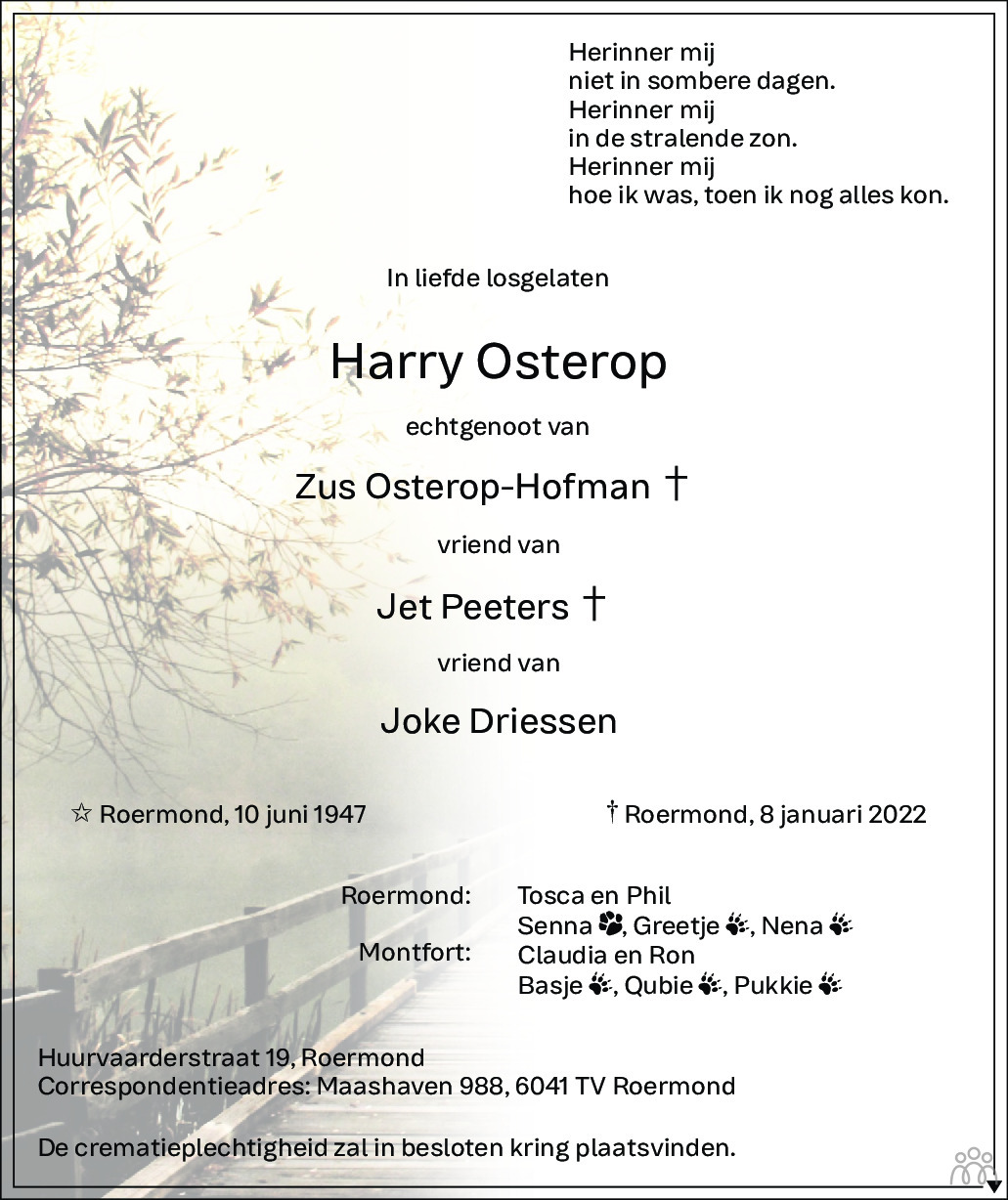 Overlijdensbericht van Harry Osterop in De Limburger