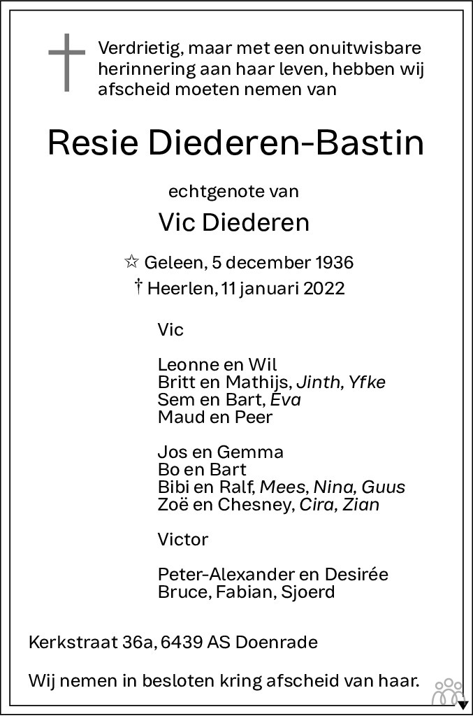 Overlijdensbericht van Resie Diederen-Bastin in De Limburger