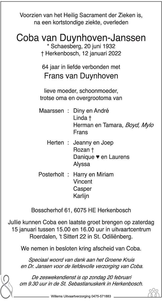 Overlijdensbericht van Coba van Duynhoven-Janssen in De Limburger