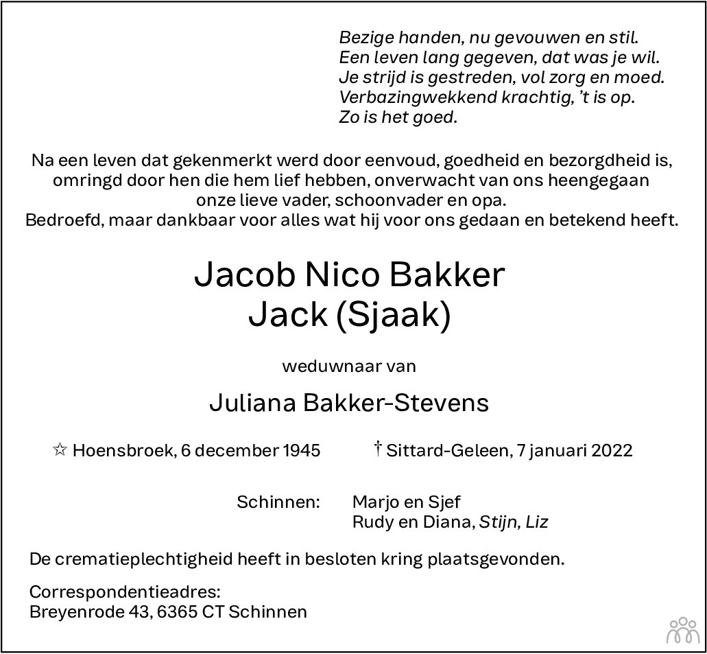 Overlijdensbericht van Jacob Nico Jack (Sjaak) Bakker in De Limburger