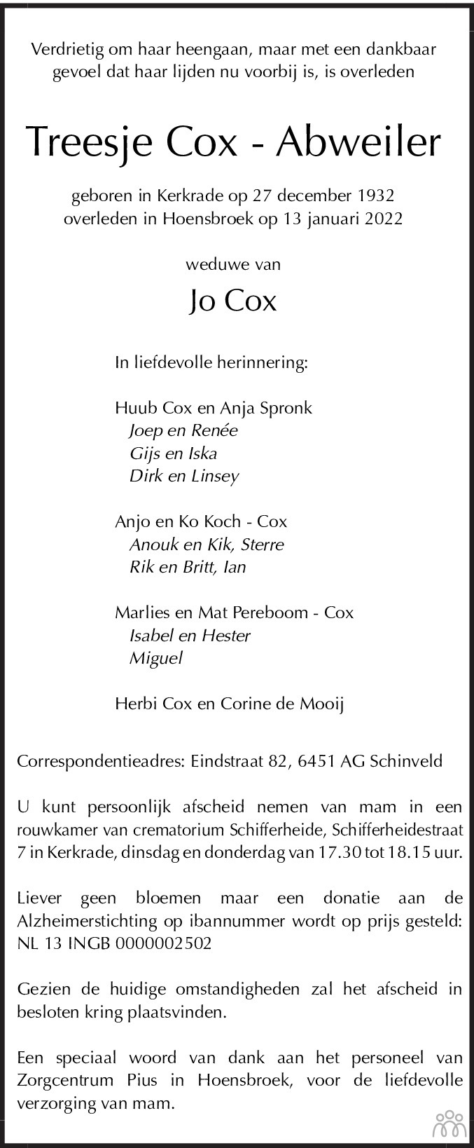 Overlijdensbericht van Treesje Cox-Abweiler in De Limburger