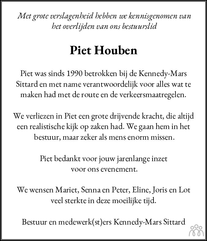 Overlijdensbericht van Piet Houben in De Limburger