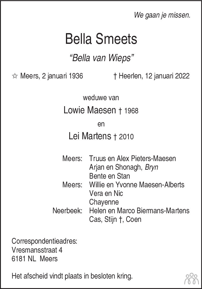 Overlijdensbericht van Bella (Bella van Wieps) Maesen-Smeets in De Limburger