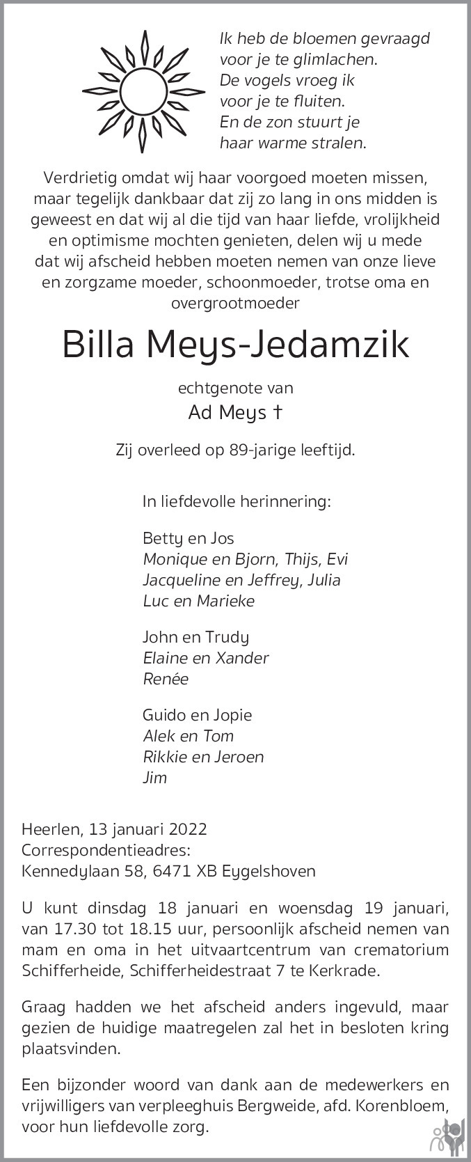 Overlijdensbericht van Billa Meys-Jedamzik in De Limburger
