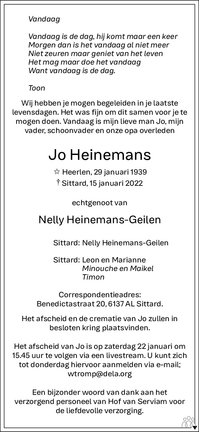 Overlijdensbericht van Jo Heinemans in De Limburger