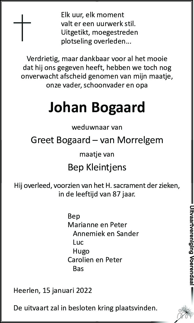 Overlijdensbericht van Johan Bogaard in De Limburger