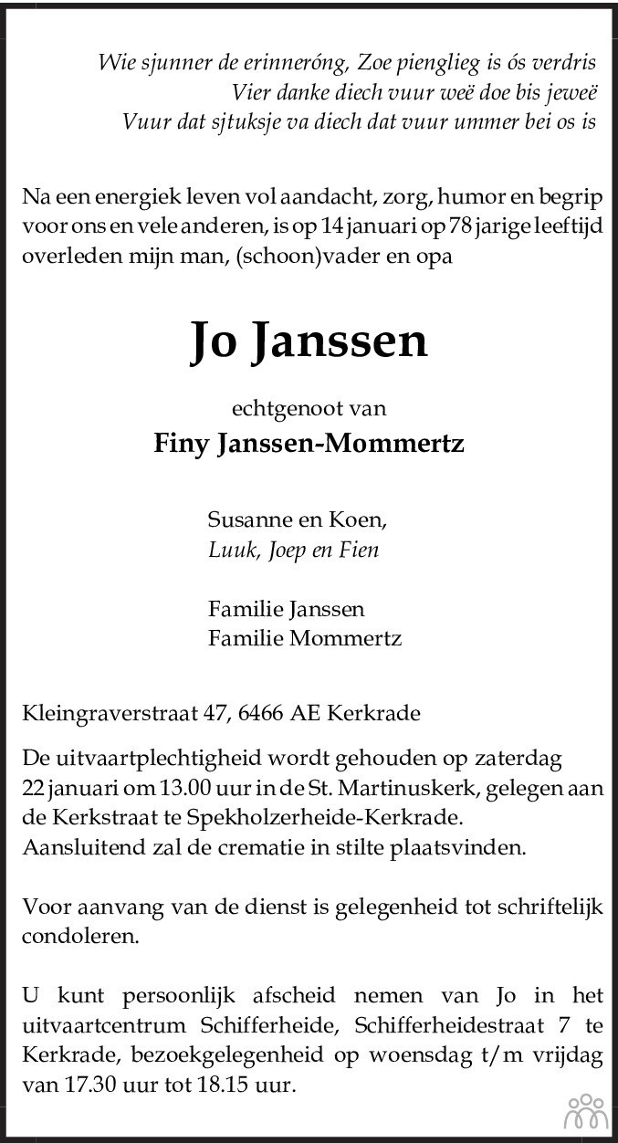 Jo Janssen 14-01-2022 overlijdensbericht en condoleances - Mensenlinq.nl