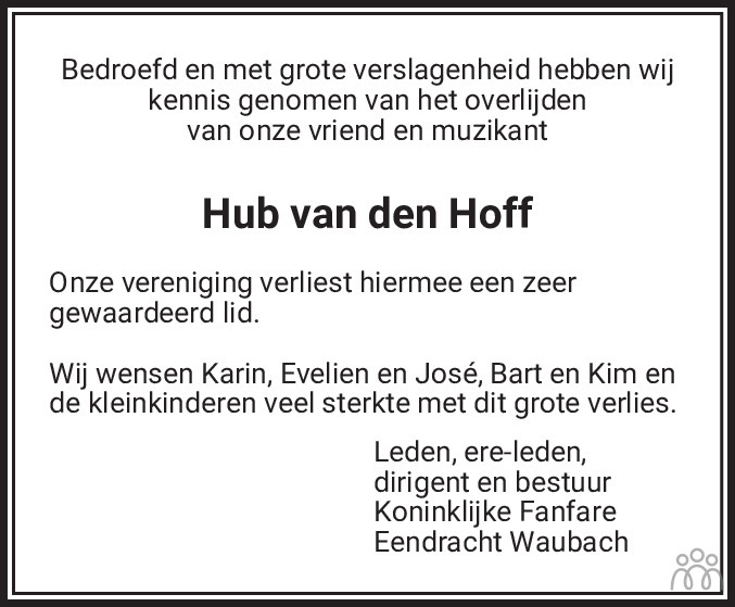Overlijdensbericht van Hub van den Hoff in De Limburger