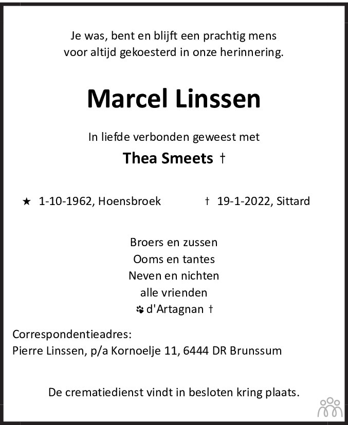 Overlijdensbericht van Marcel Linssen in De Limburger