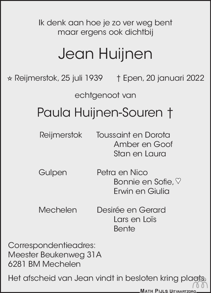 Overlijdensbericht van Jean Huijnen in De Limburger