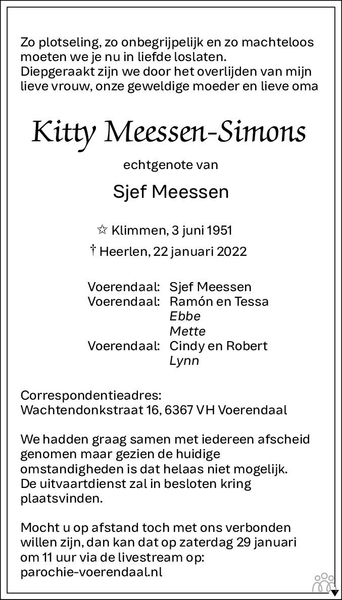 Overlijdensbericht van Kitty Meessen-Simons in De Limburger