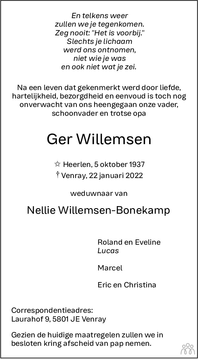 Overlijdensbericht van Ger Willemsen in De Limburger