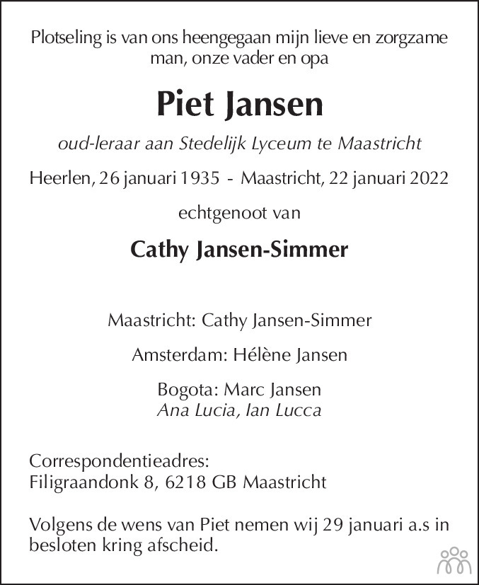 Overlijdensbericht van Piet Jansen in De Limburger