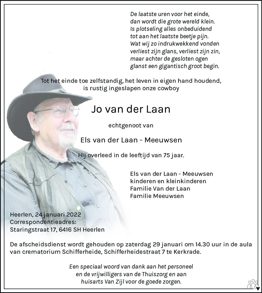 Overlijdensbericht van Jo van der Laan in De Limburger