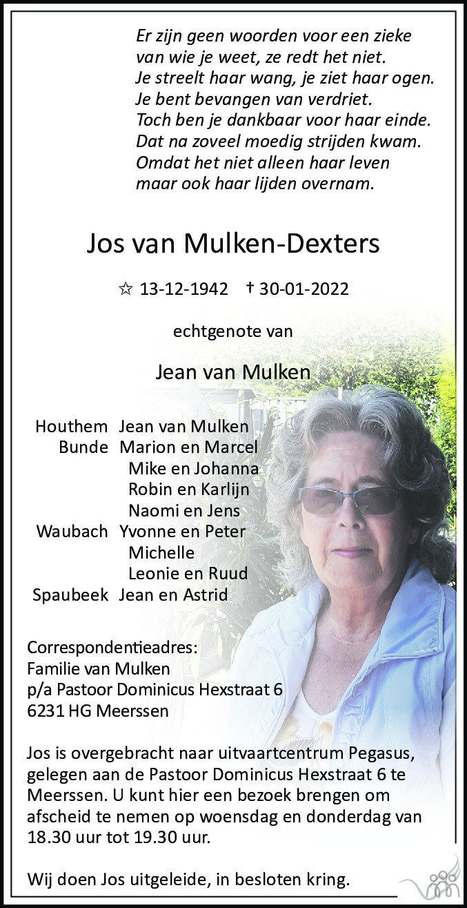 Jos van MulkenDexters 30012022 overlijdensbericht en condoleances