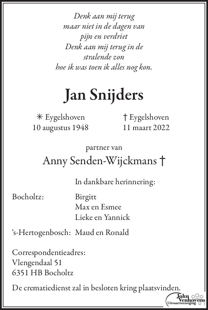Jan Snijders 11 03 2022 Overlijdensbericht En Condoleances Mensenlinq nl