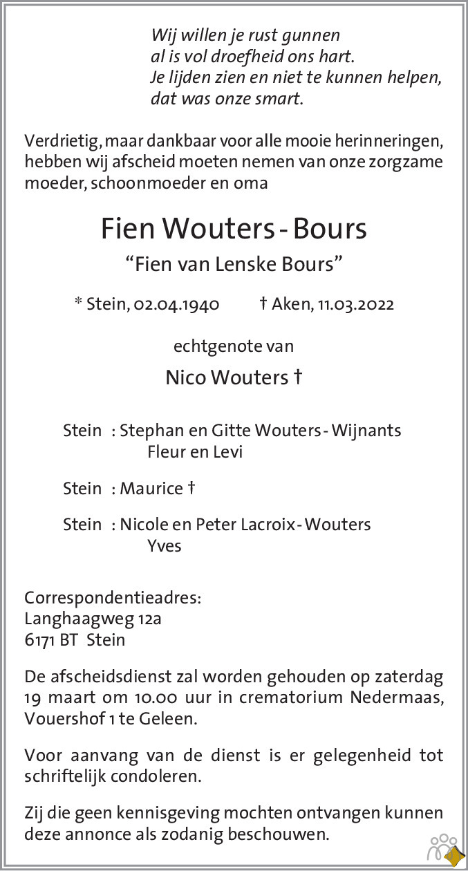 Fien ('Fien van Lenske Bours') Wouters-Bours 11-03-2022 ...