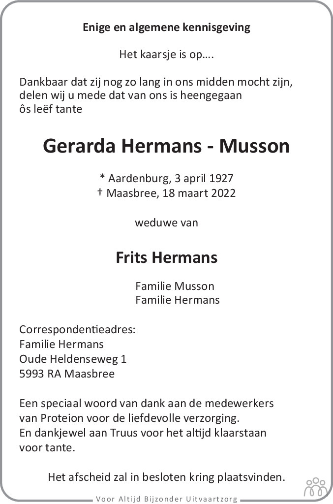 Overlijdensbericht van Gerarda Hermans-Musson in De Limburger