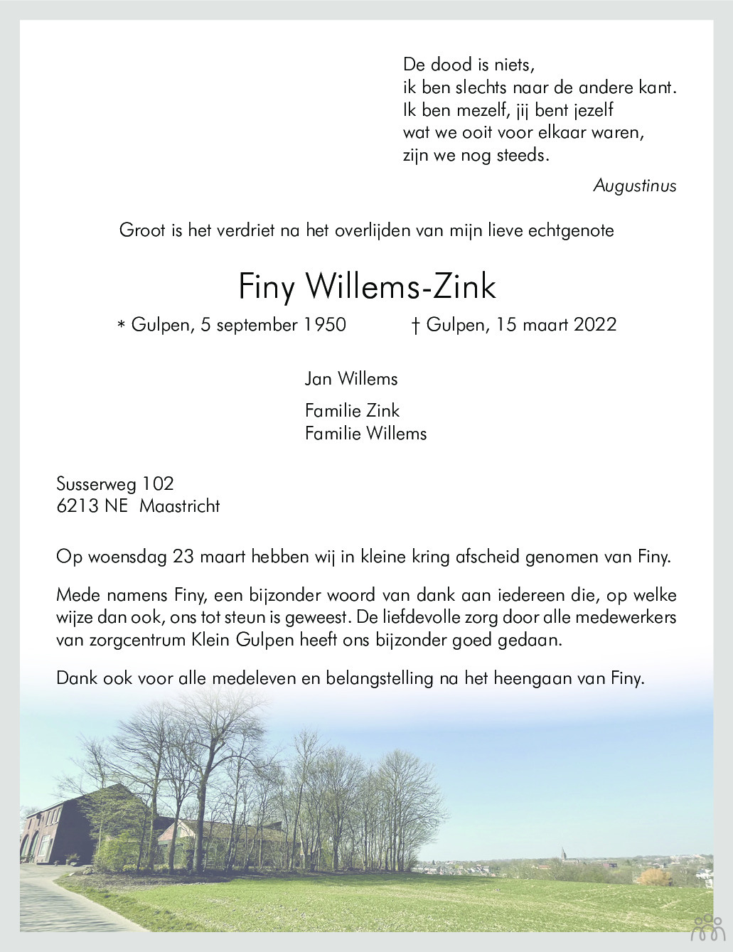 Overlijdensbericht van Finy Willems-Zink in De Limburger