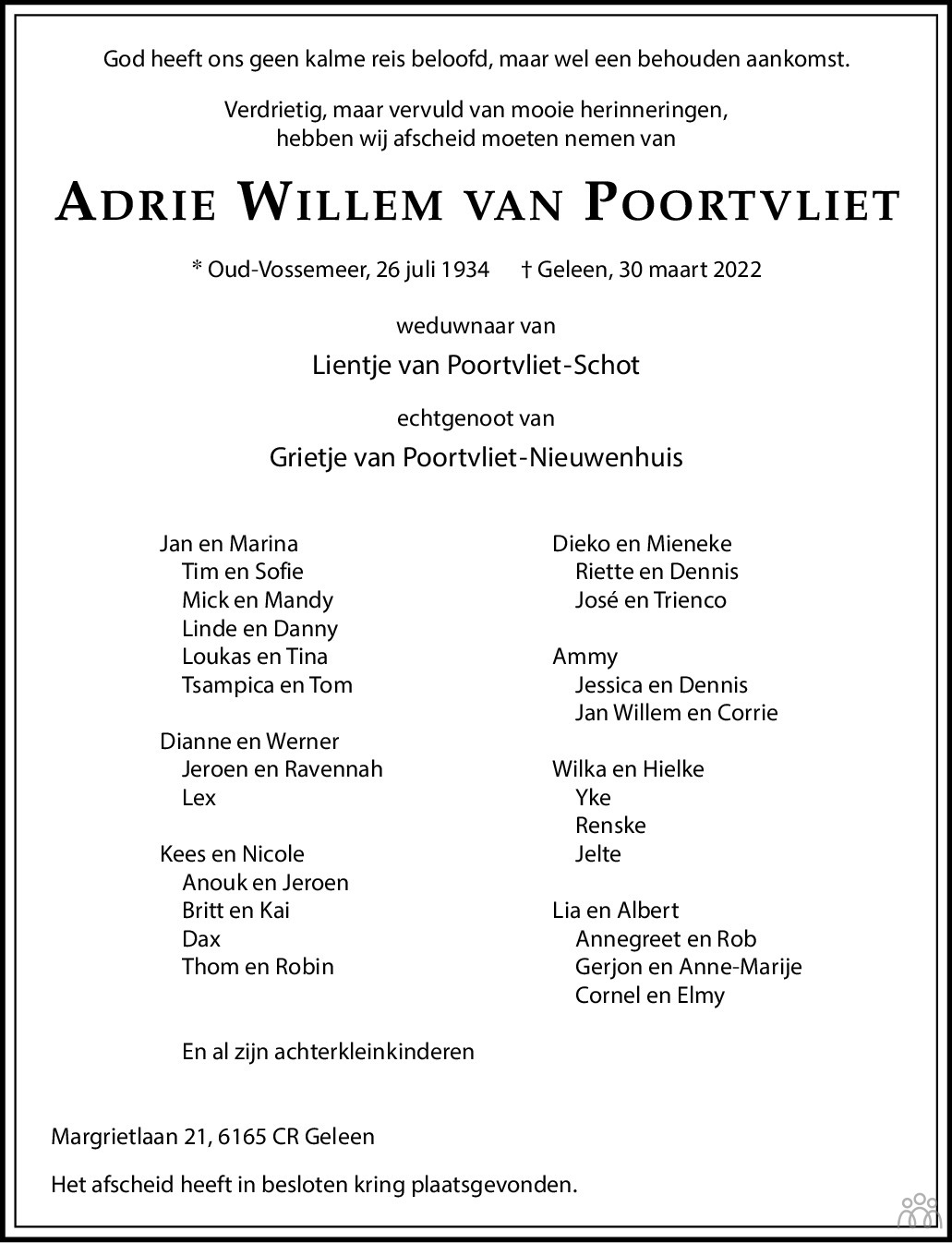 Overlijdensbericht van Adrie van Poortvliet in De Limburger