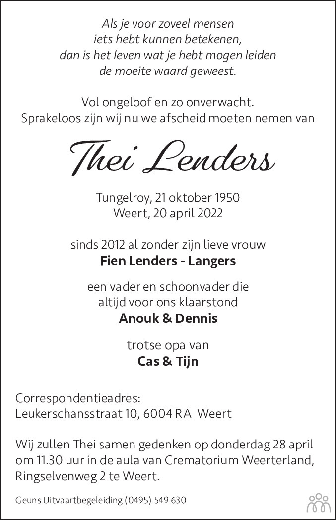 Overlijdensbericht van Thei Lenders in De Limburger