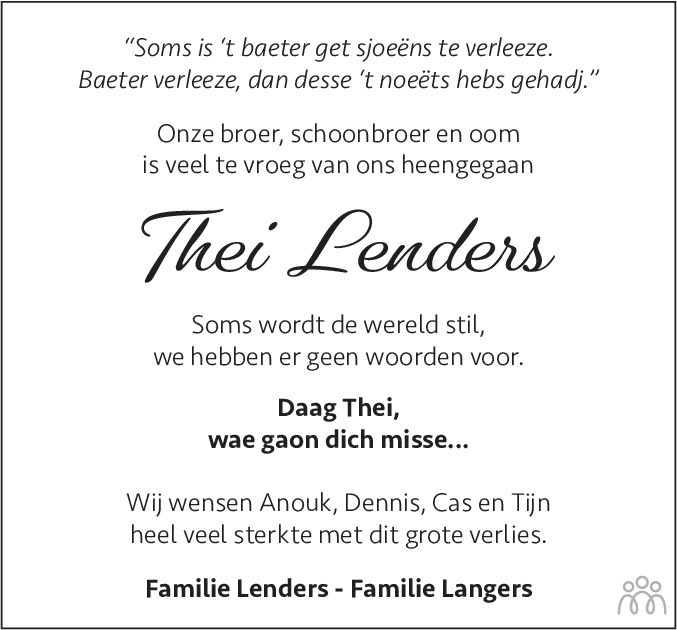 Overlijdensbericht van Thei Lenders in De Limburger