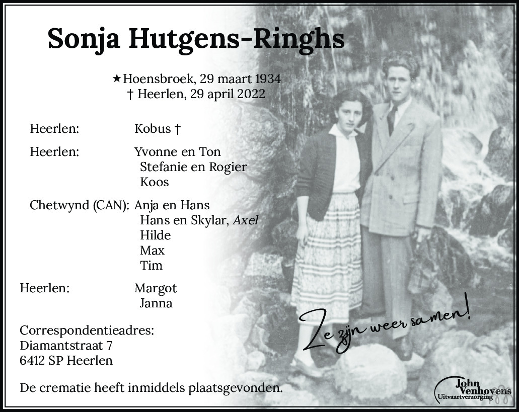 Overlijdensbericht van Sonja Hutgens-Ringhs in De Limburger
