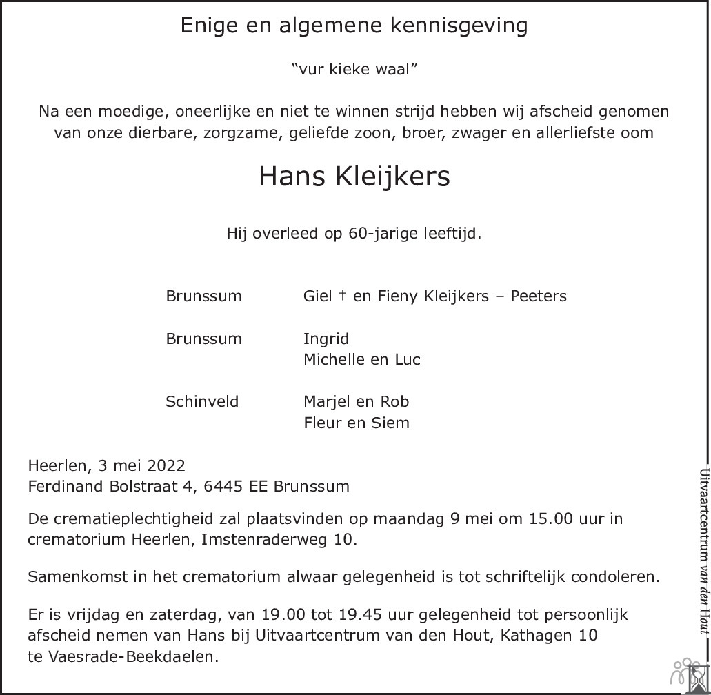 Overlijdensbericht van Hans  Kleijkers in De Limburger